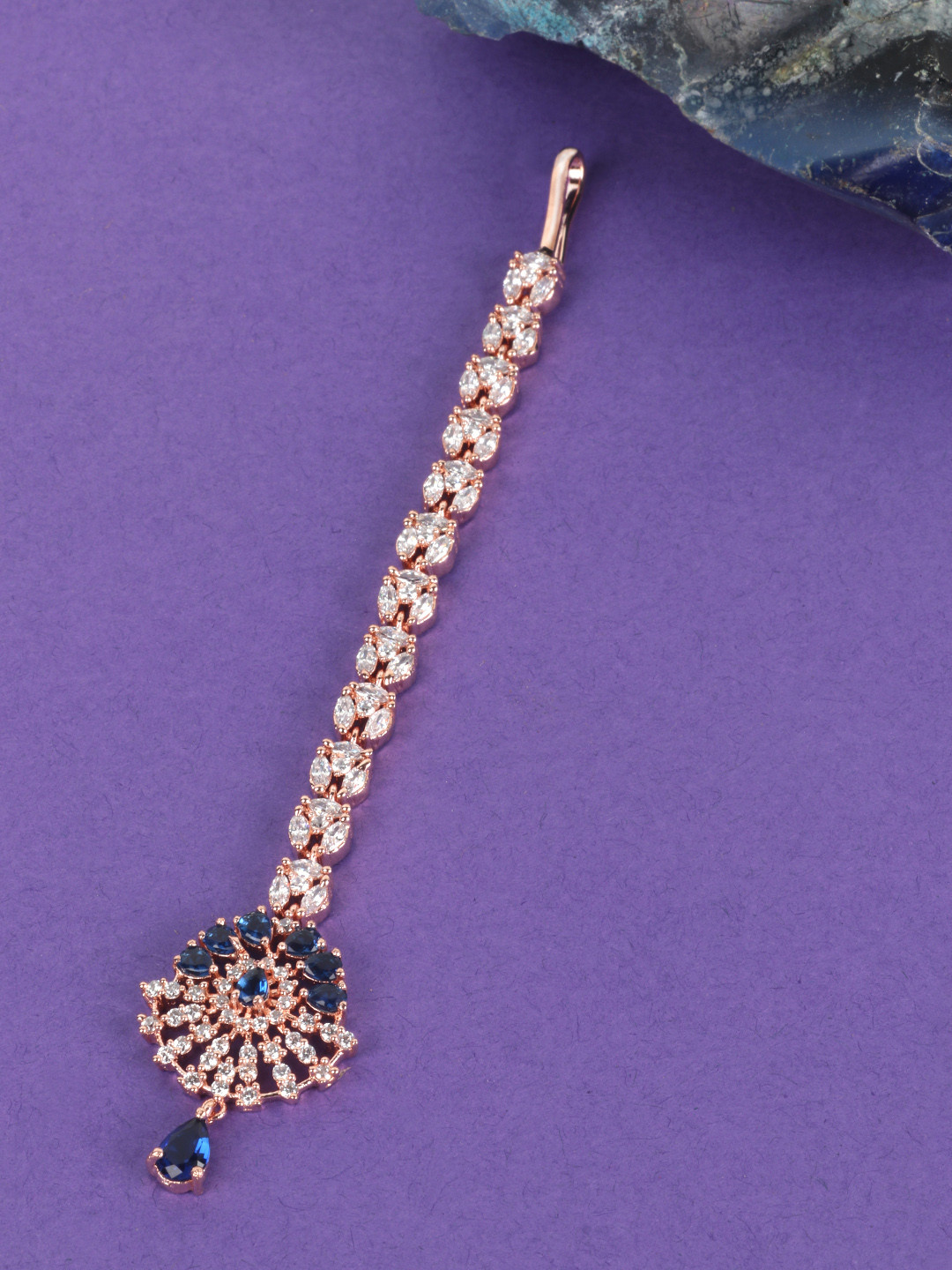 JEWELS GEHNA Navy Rose Gold-Plated CZ Stone-Studded Handcrafted Maang Tika