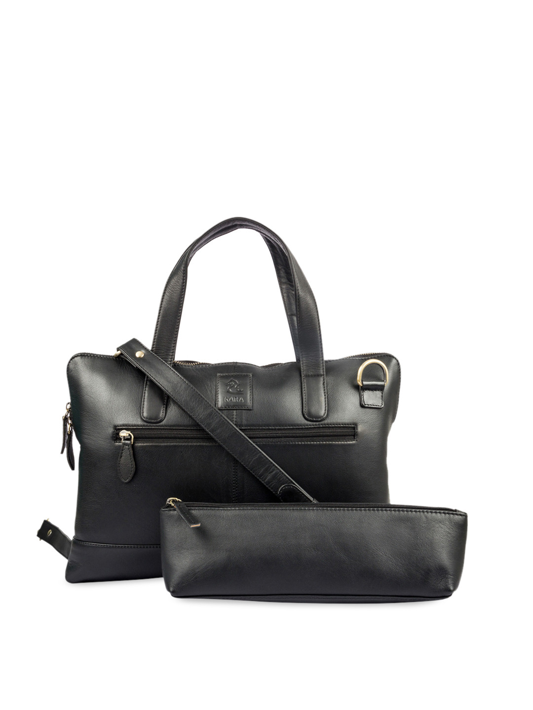 Kara Unisex Black Solid Leather Laptop Bag With Pouch