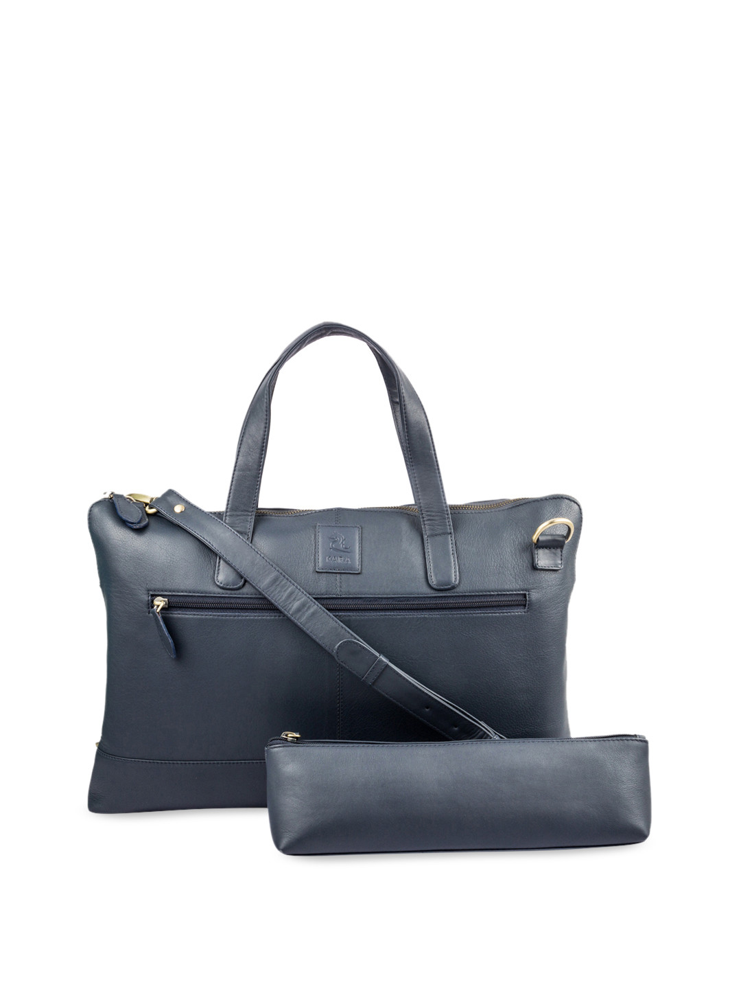 Kara Unisex Navy Blue Solid Laptop Sleeve With A Pouch