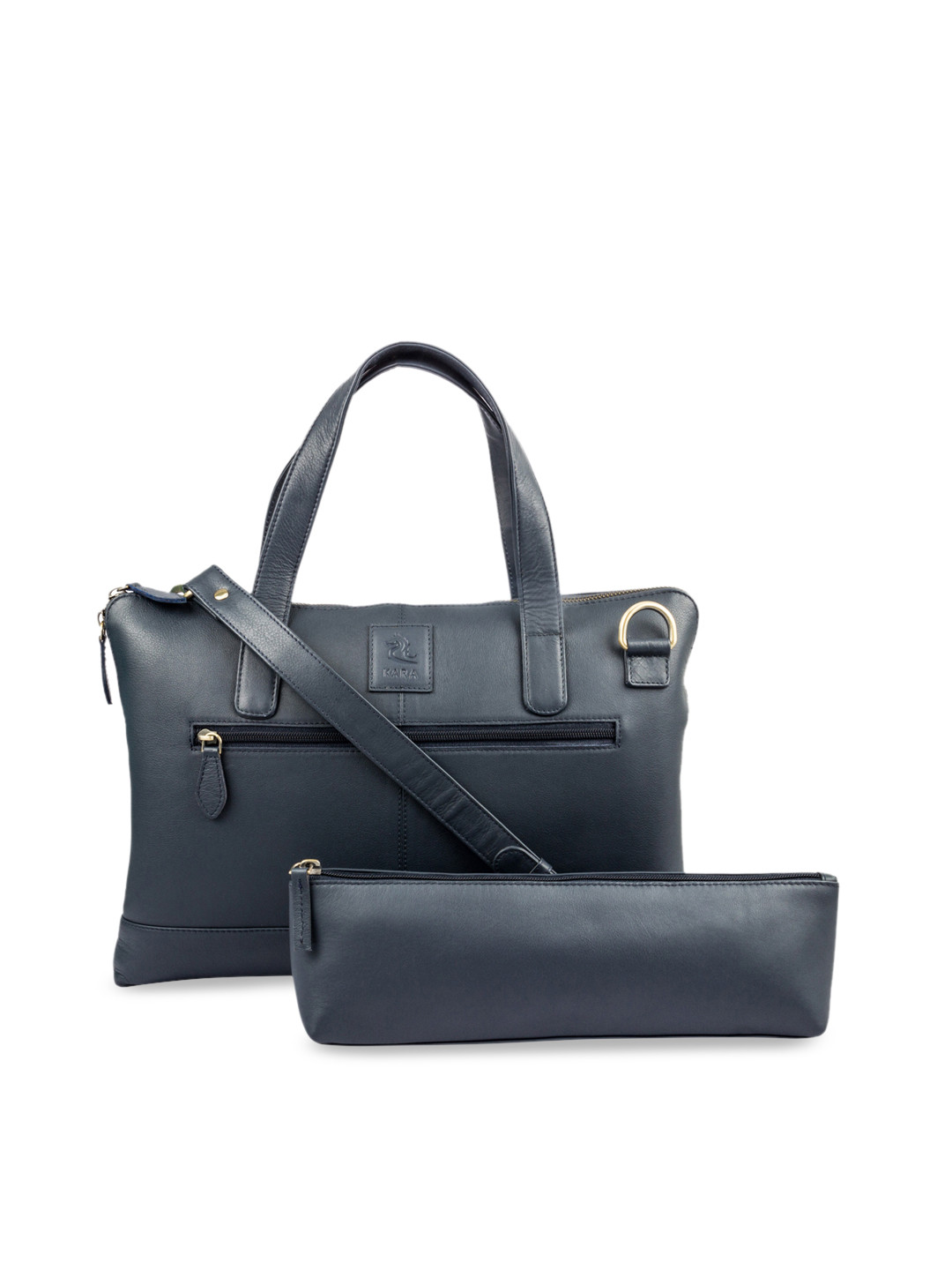 Kara Unisex Navy Blue Solid Leather Laptop Sleeve with Pouch