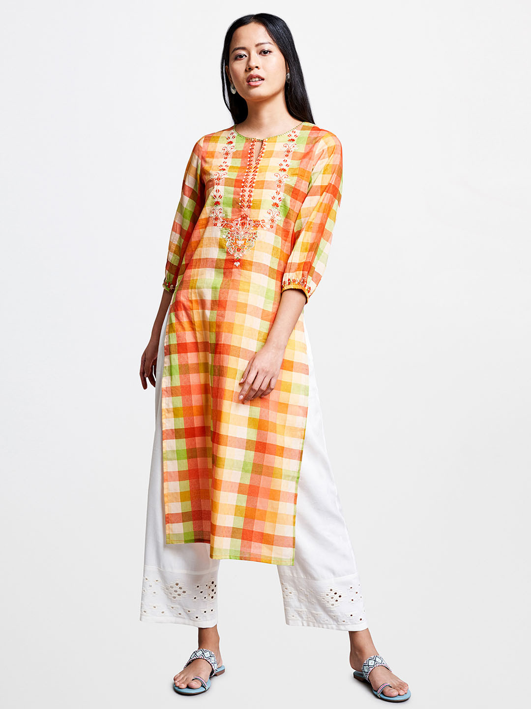 Global Desi Women Orange & Lime Green Checked Straight Kurta
