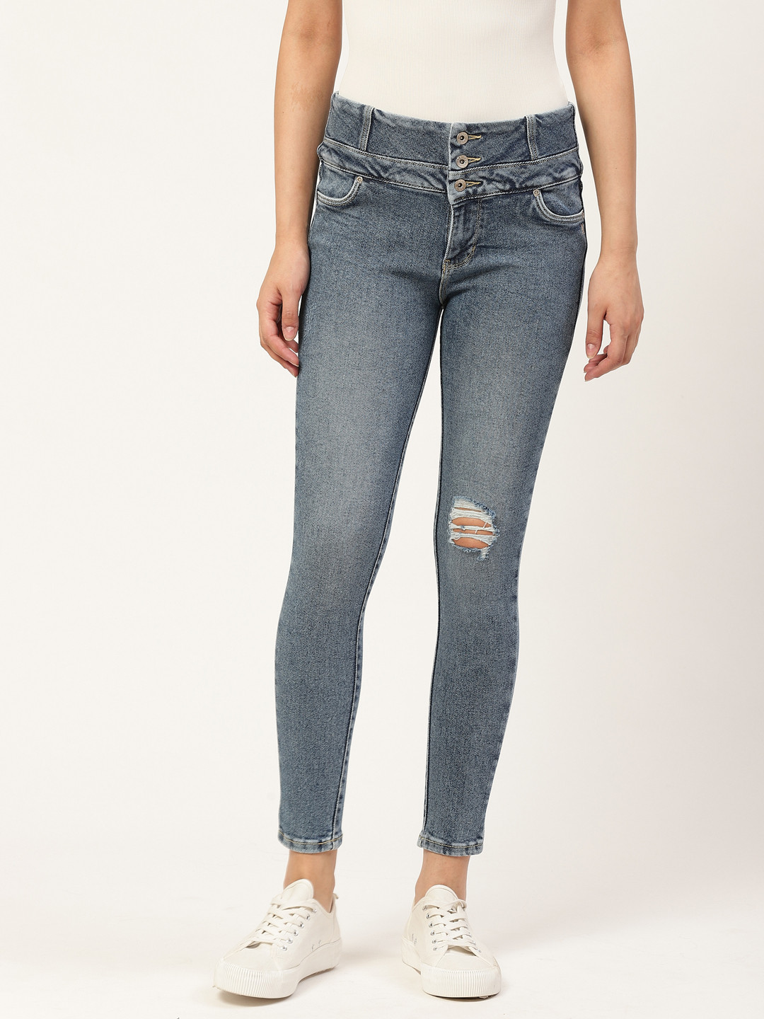 Xpose Women Blue Slim Fit High-Rise Low Distress Stretchable Cropped Jeans