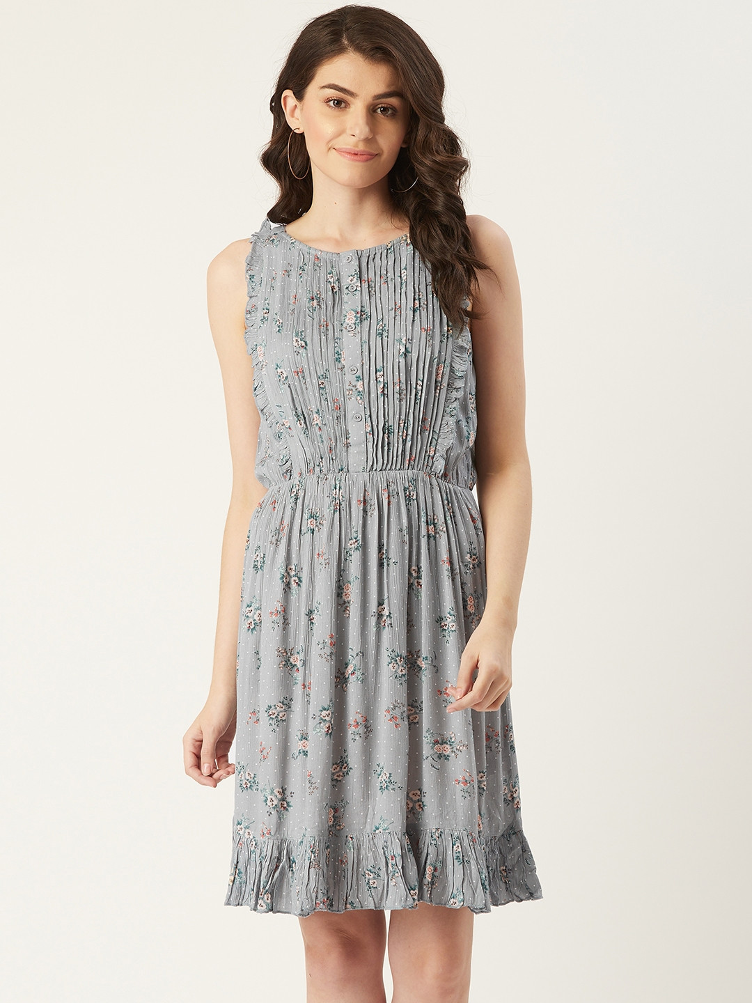 LABEL REGALIA Women Grey & Off-White Floral Print Pin-Tuck A-Line Dress