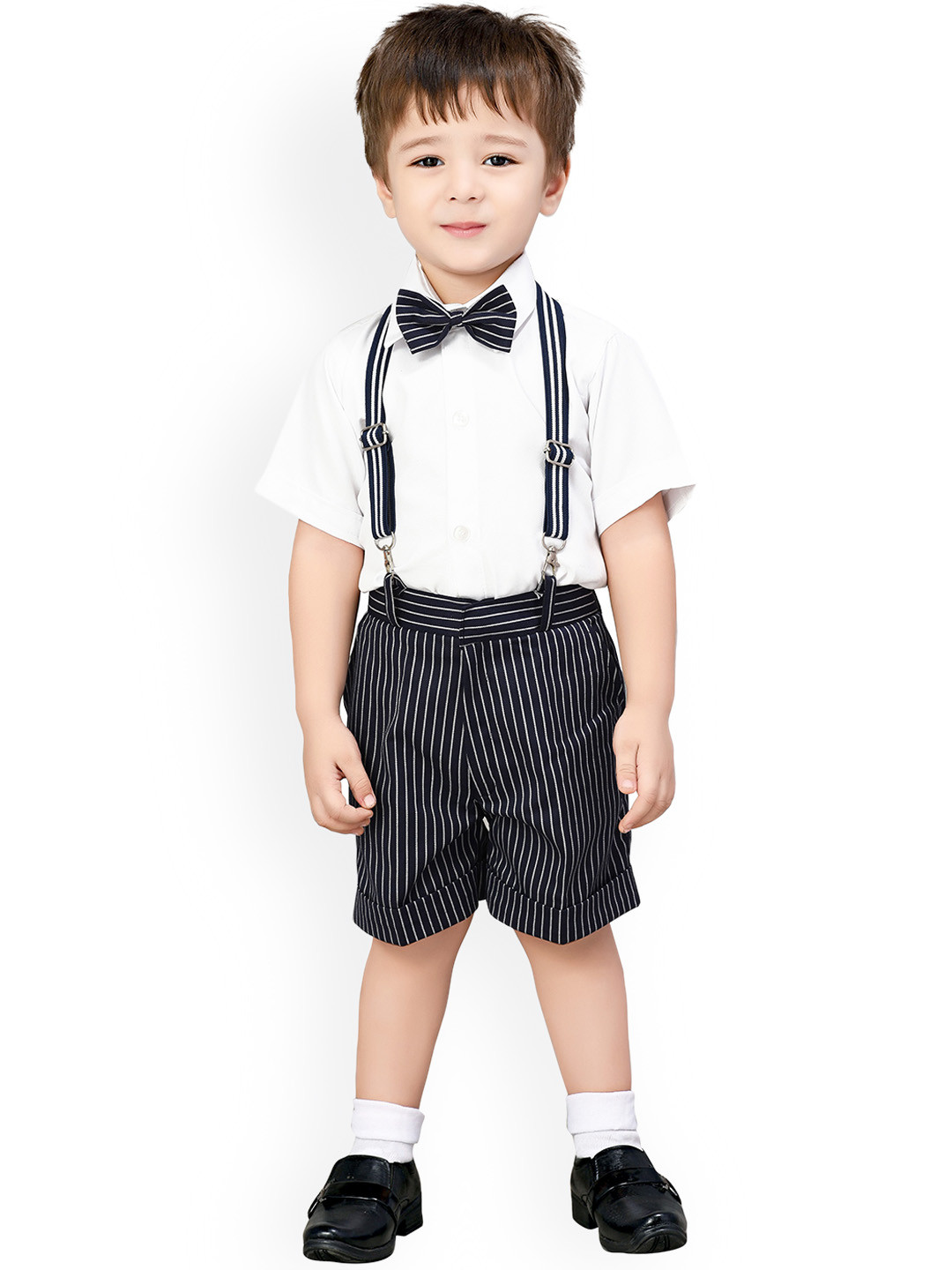 Jeetethnics Boys White & Navy Blue Solid Shirt with Striped Shorts