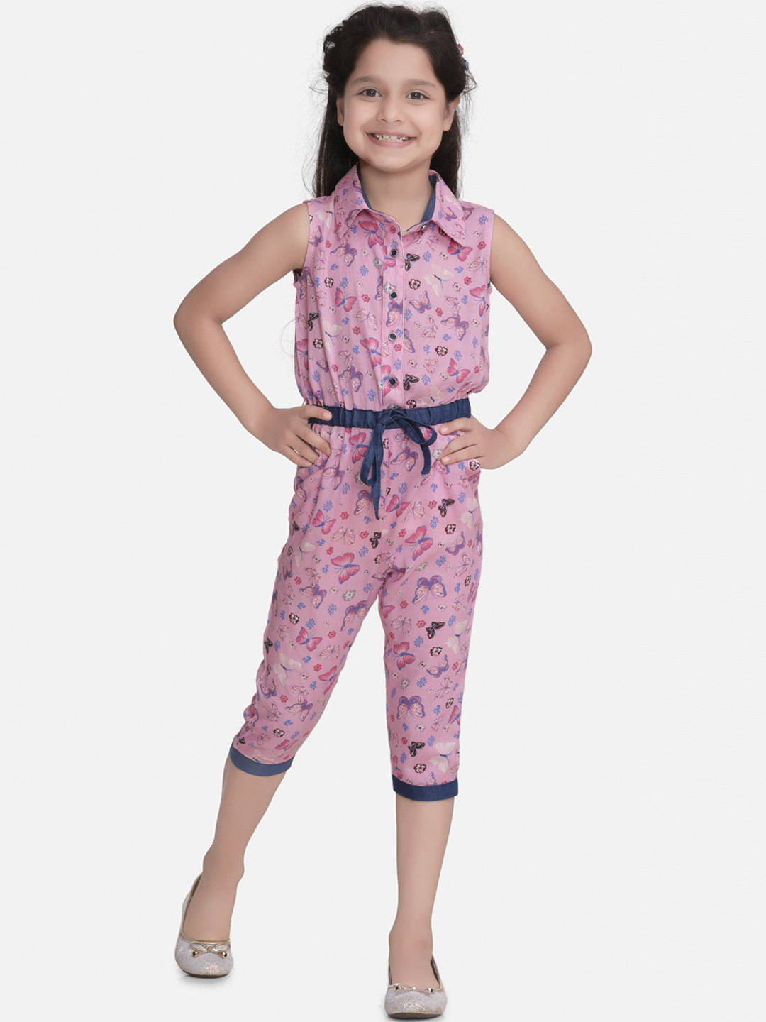 StyleStone Girls Pink & Navy Blue Printed Capri Jumpsuit