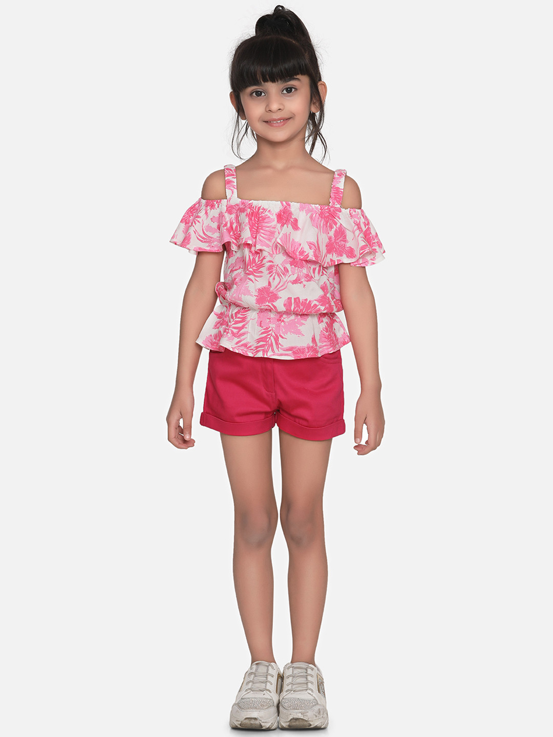 StyleStone Girls Pink & Red Printed Top with Shorts