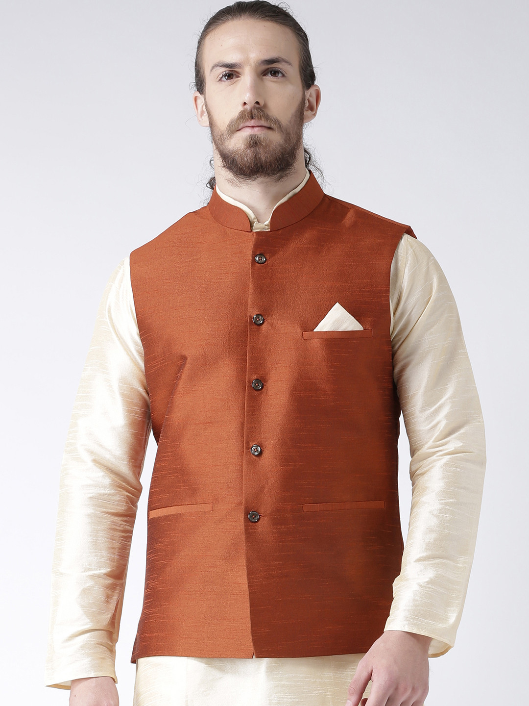 DEYANN Men Rust Orange Woven Design Dupion Silk Nehru Jacket