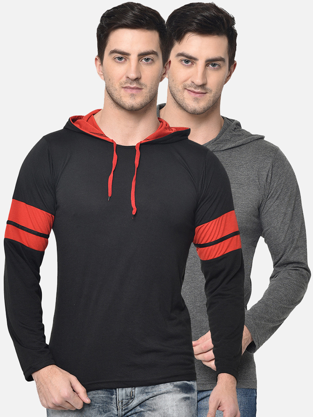 MACK JONNEY Men Pack of 2 Black & Grey Solid Hood T-shirt