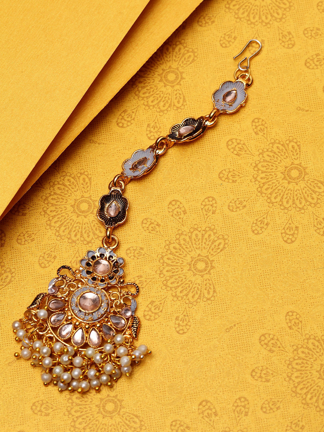 ANIKAS CREATION Gold-Plated Grey & Beige  Kundan & Pearl Hand-Painted Ganthan Enamelled Maang Tikka