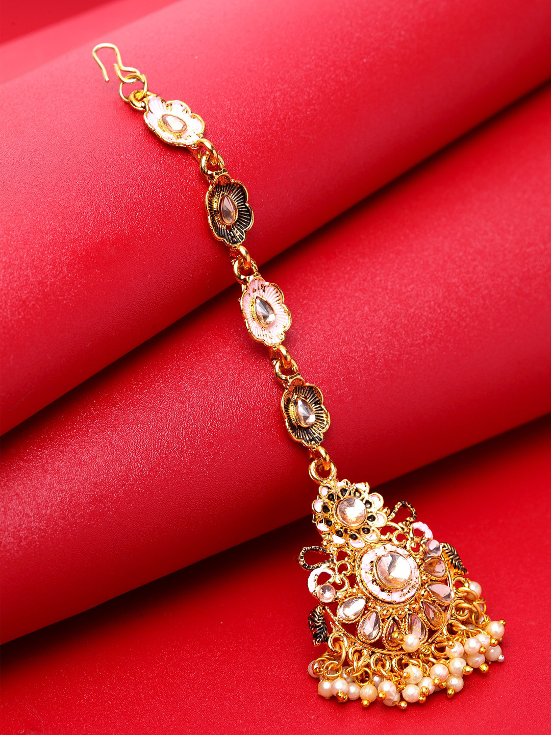 ANIKAS CREATION Gold-Plated Pink & Beige Kundan & Pearl Hand-Painted Ganthan Enamelled Maang Tikka