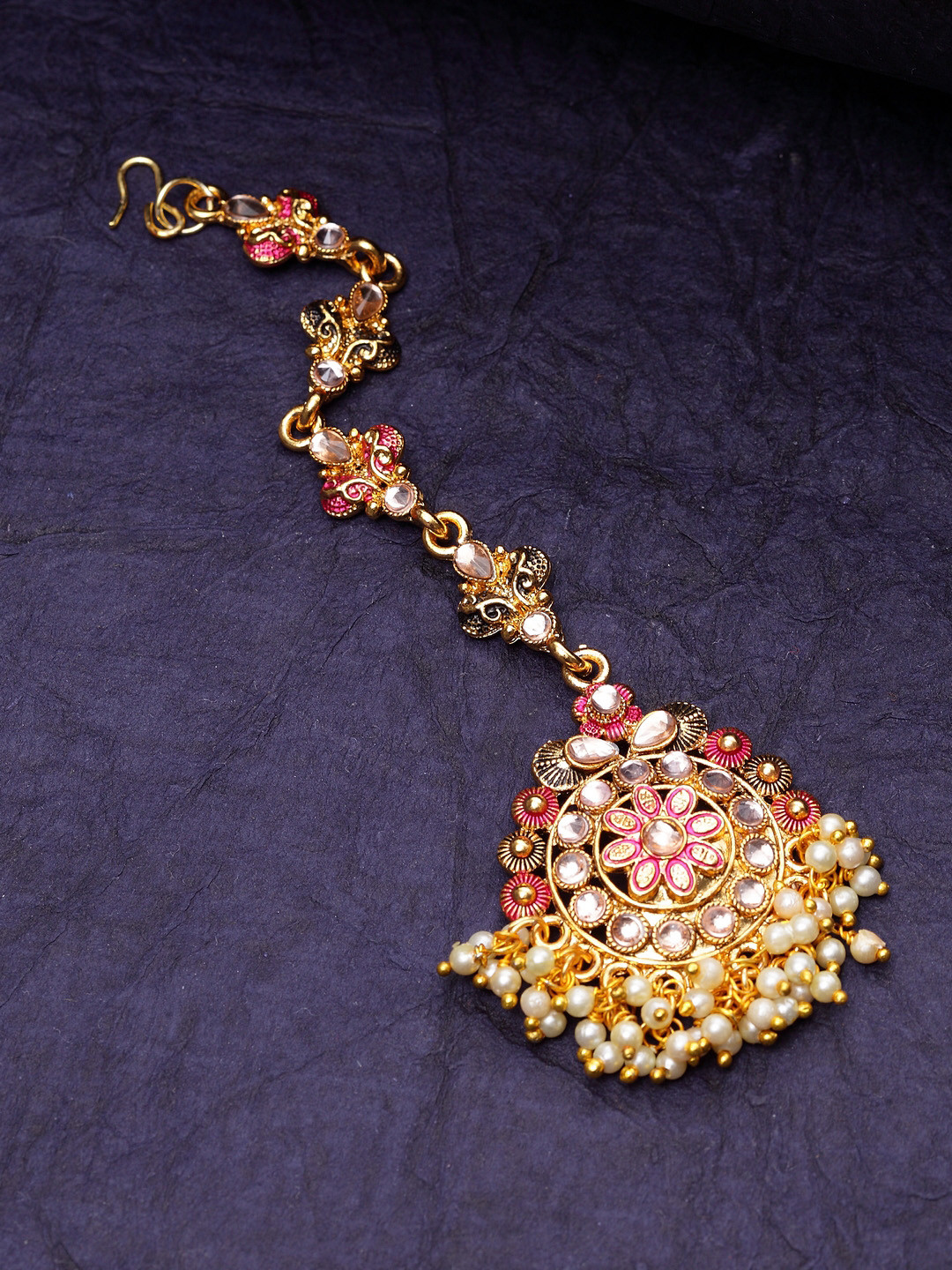 ANIKAS CREATION Gold-Plated Magenta Hand-Painted Ganthan Enamelled Maang Tikka