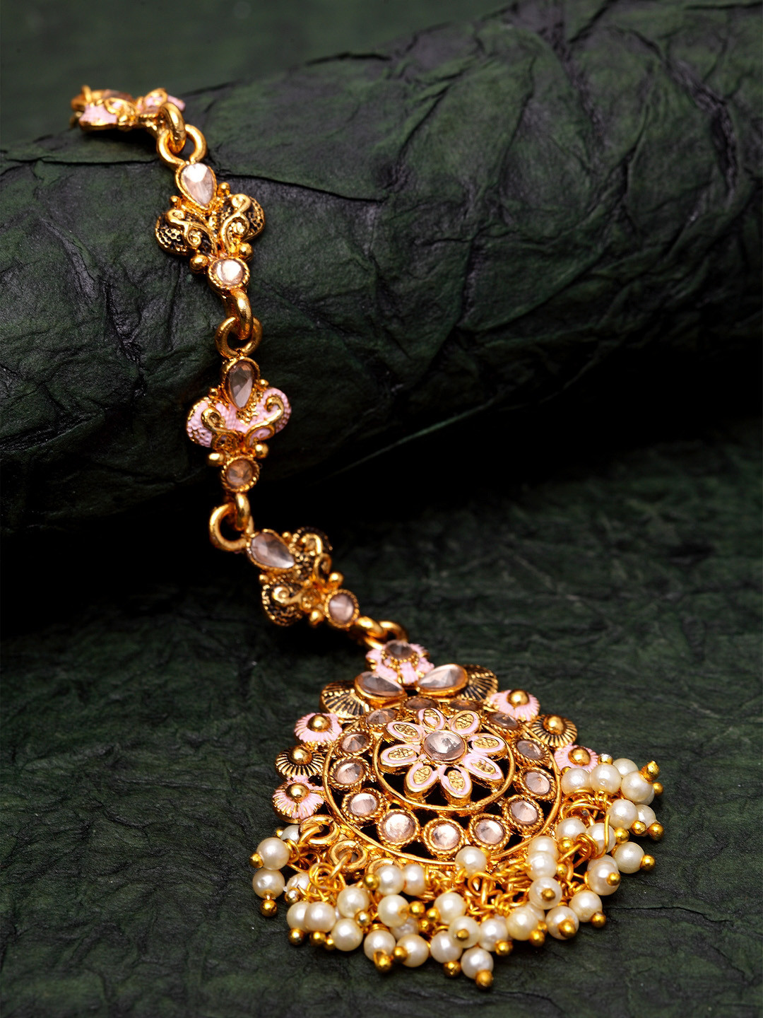 ANIKAS CREATION Gold-Plated Pink & White Kundan & Pearl Hand-Painted Ganthan Enamelled Maang Tikka