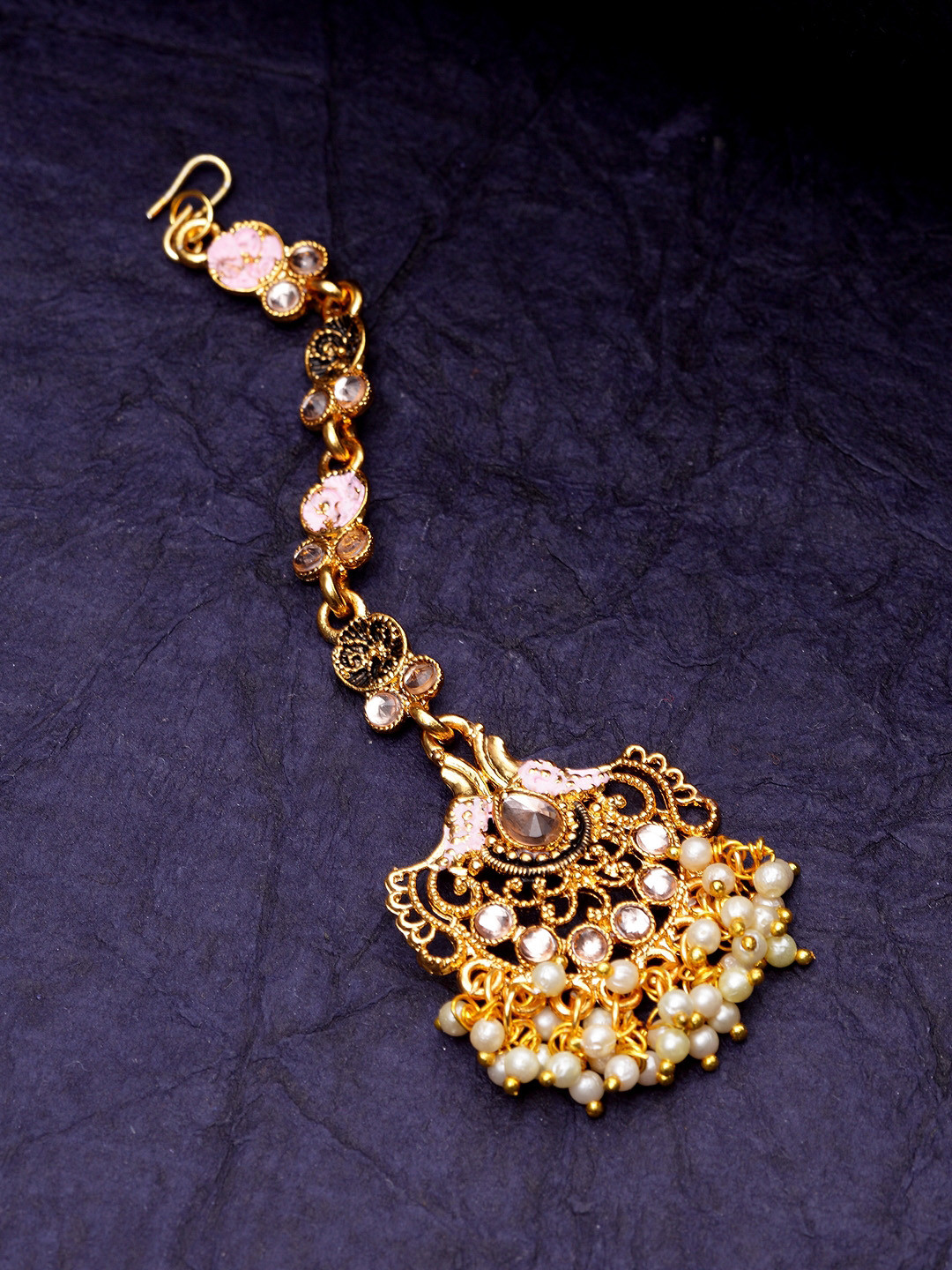 ANIKAS CREATION Gold-Plated Pink & White Kundan & Pearl Hand-Painted Ganthan Enamelled Maang Tikka