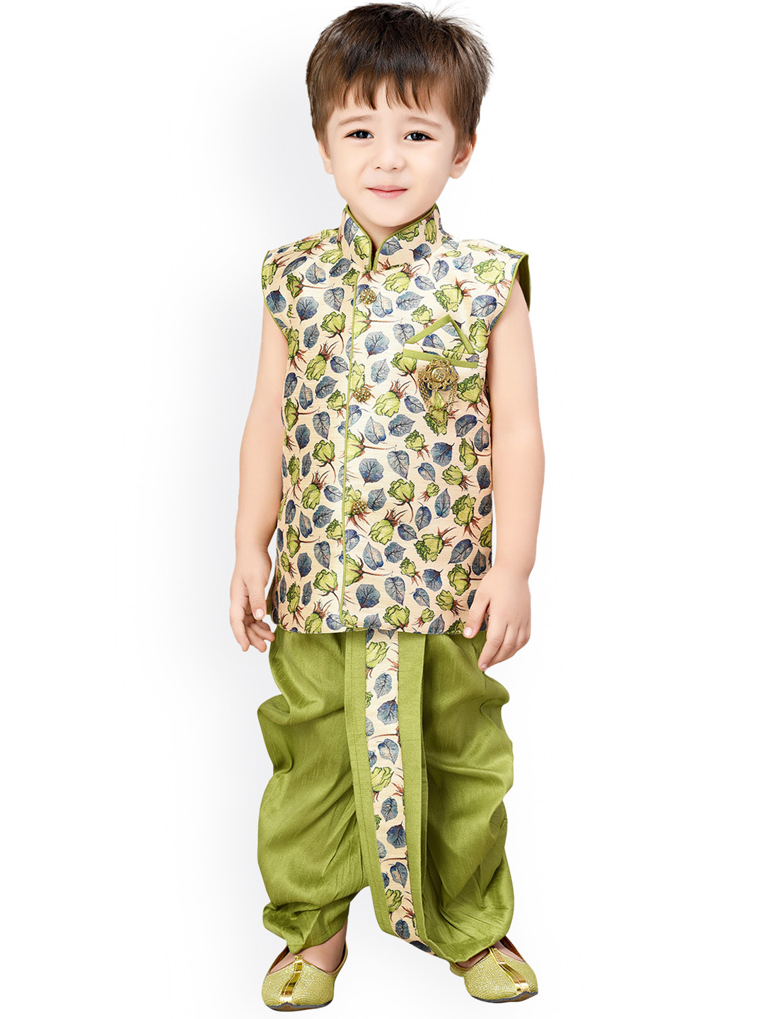Jeetethnics Boys Green & Beige Printed Kurta with Dhoti Pants