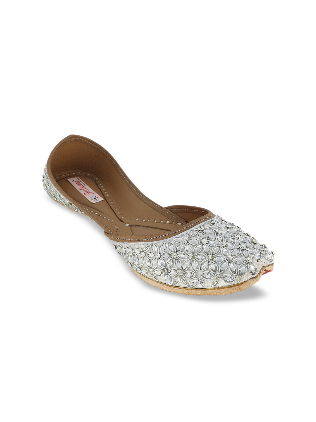 Fulkari Women Silver-Toned Embellished Leather Mojaris