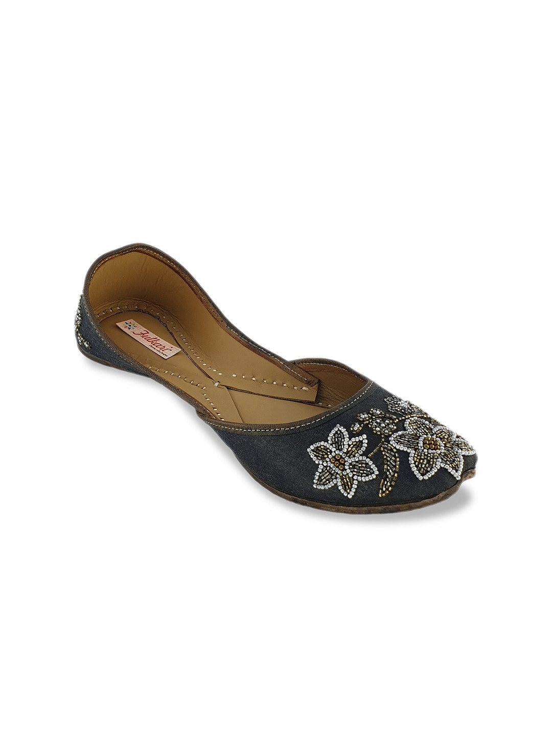 Fulkari Women Charcoal Grey Embellished Leather Mojaris
