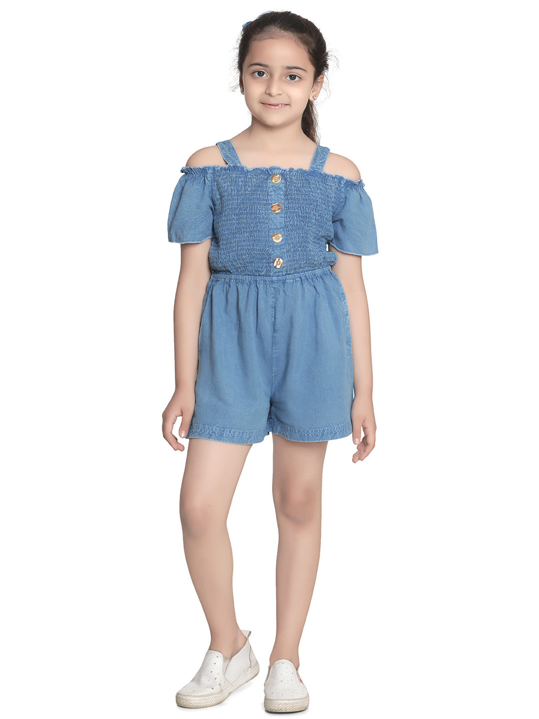 StyleStone Girls Blue Solid Smocked Cold-Shoulder Playsuit