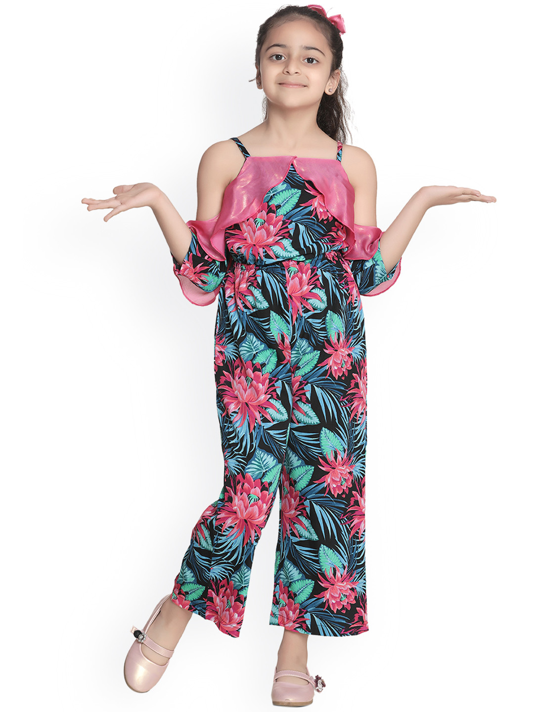 StyleStone Girls Black & Pink Printed Basic Jumpsuit
