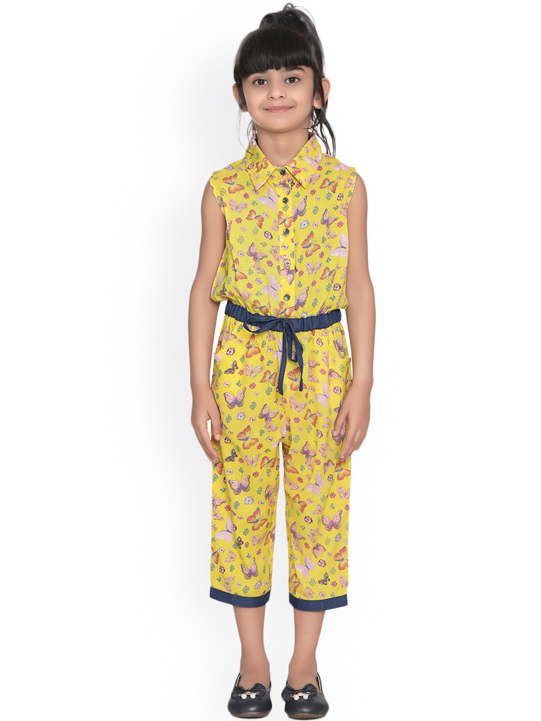 StyleStone Girls Yellow & Navy Blue Printed Capri Jumpsuit