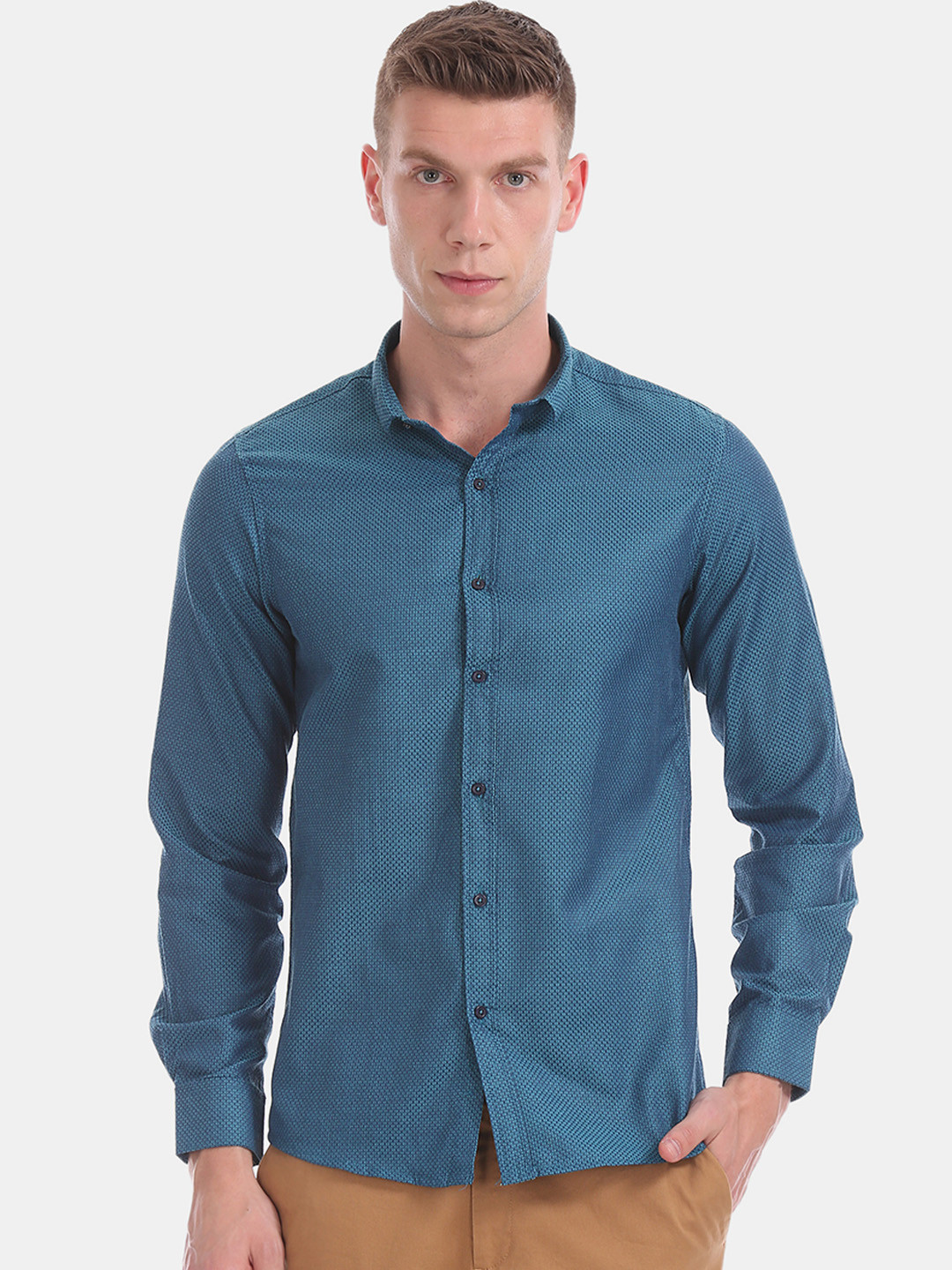 Excalibur Men Teal Blue Slim Fit Self Design Casual Shirt