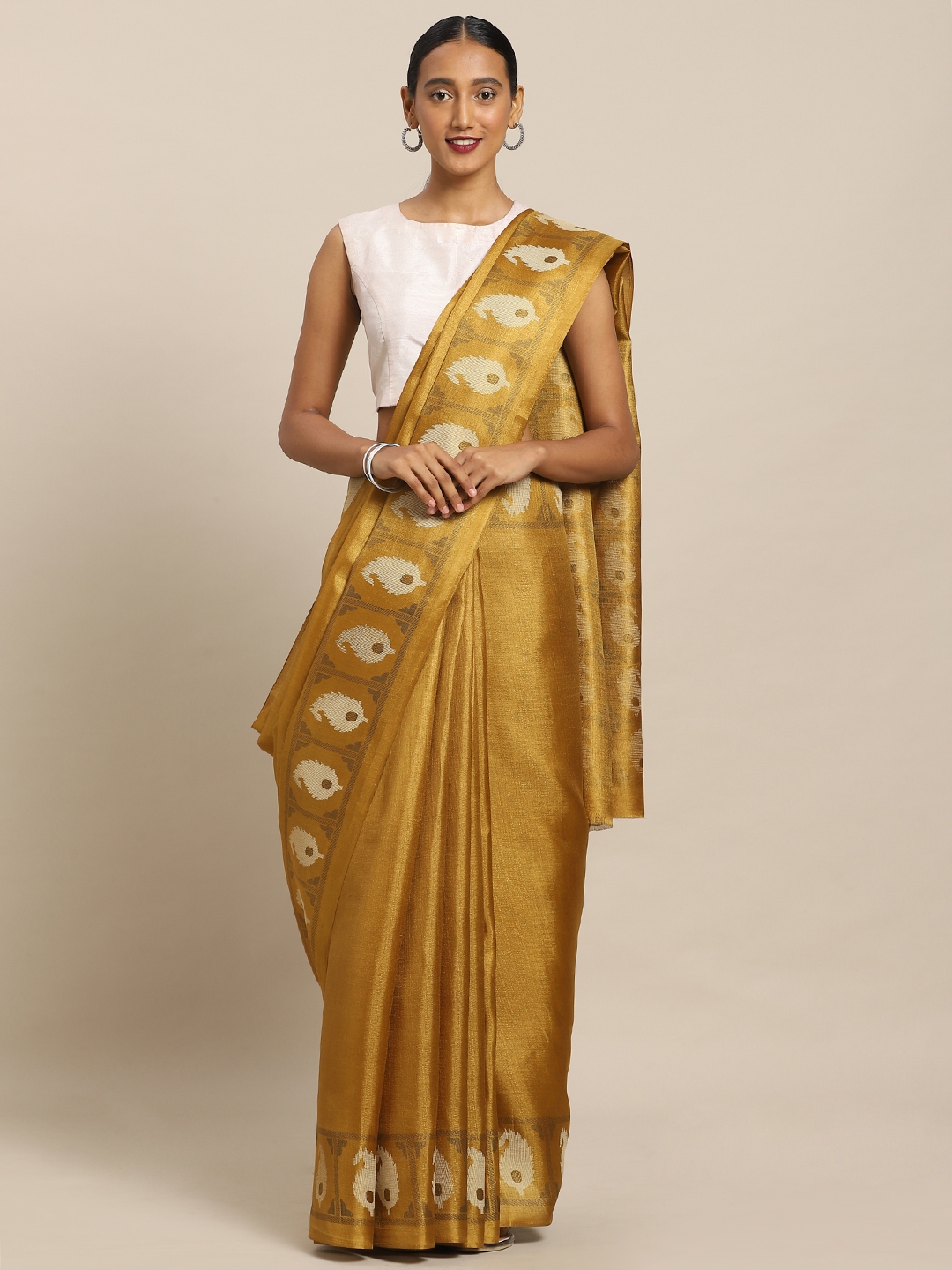 Mirchi Fashion Golden Solid Art Silk Saree