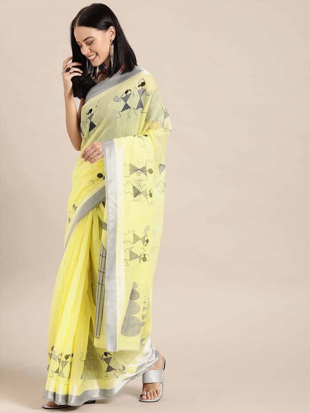 MIRCHI FASHION Yellow & Grey Warli Print Woven Design Saree