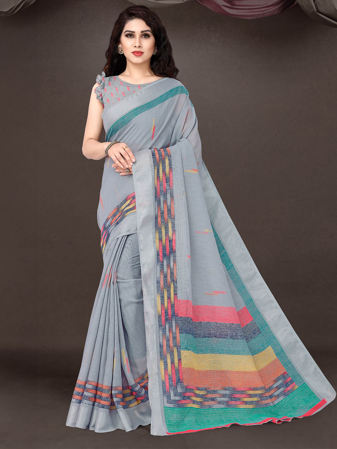 KALINI Grey & Orange Linen Blend Printed Saree