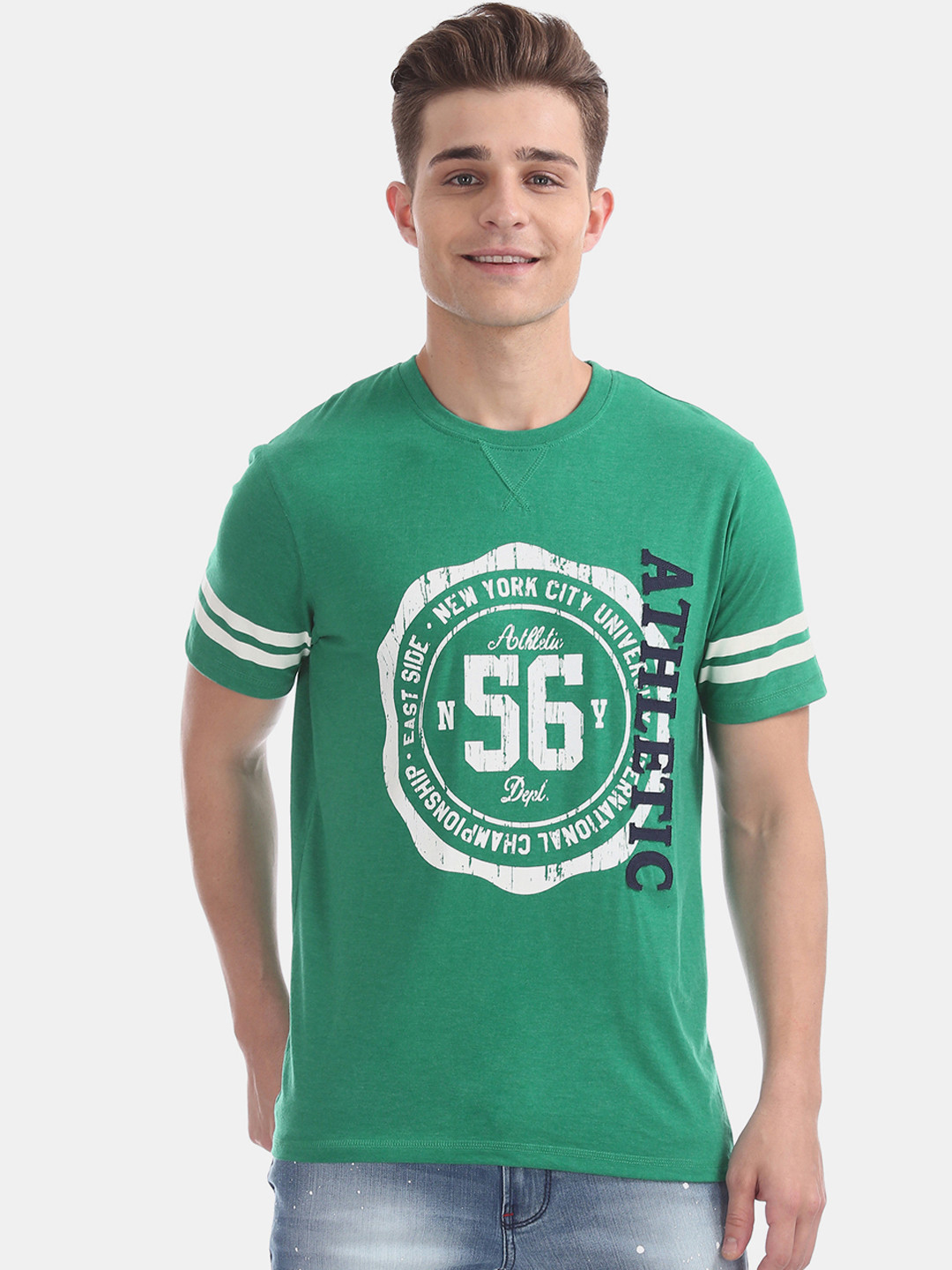 Colt Men Green& White Printed Round Neck T-shirt