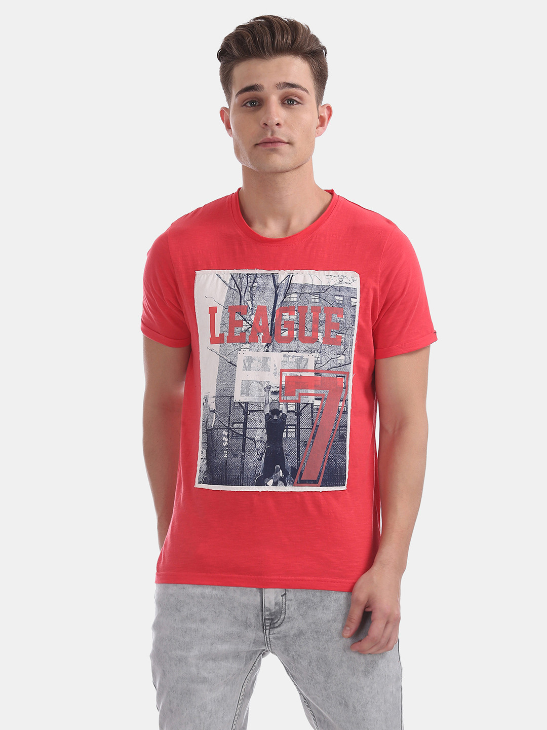 Colt Men Coral Red & Navy Blue Printed Round Neck T-shirt