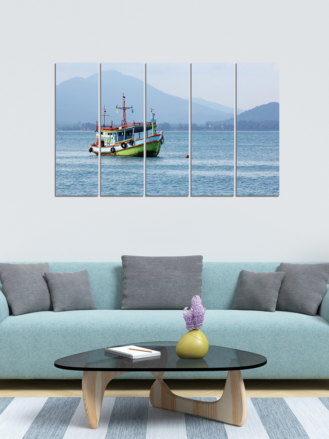 WENS Set of 5 Blue & Green Velvet Laminated Wall Paintings