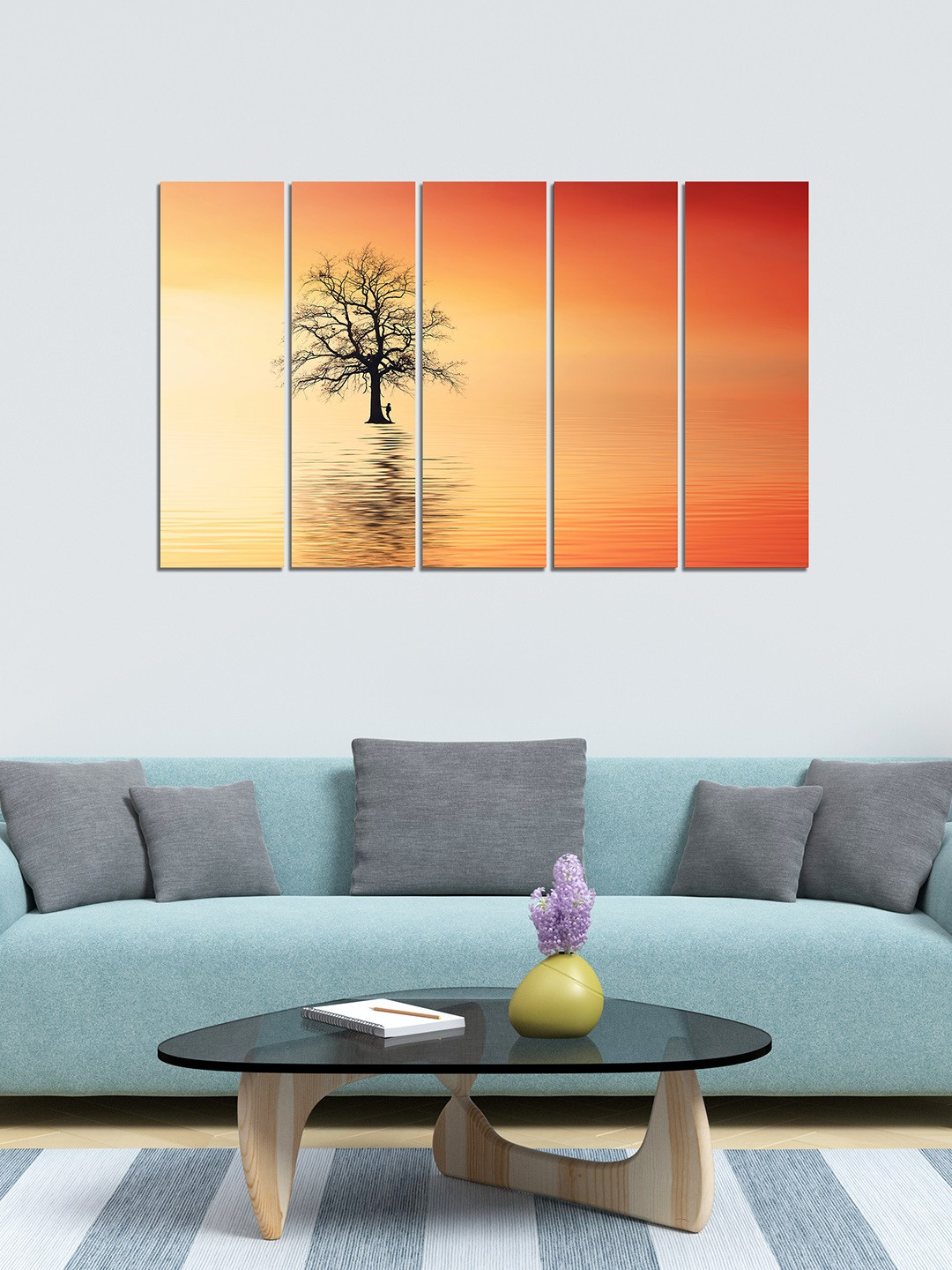 WENS Orange 5 Pcs Wall Living Room Rectangle Potrait Paintings Wall Art -24 x 8In