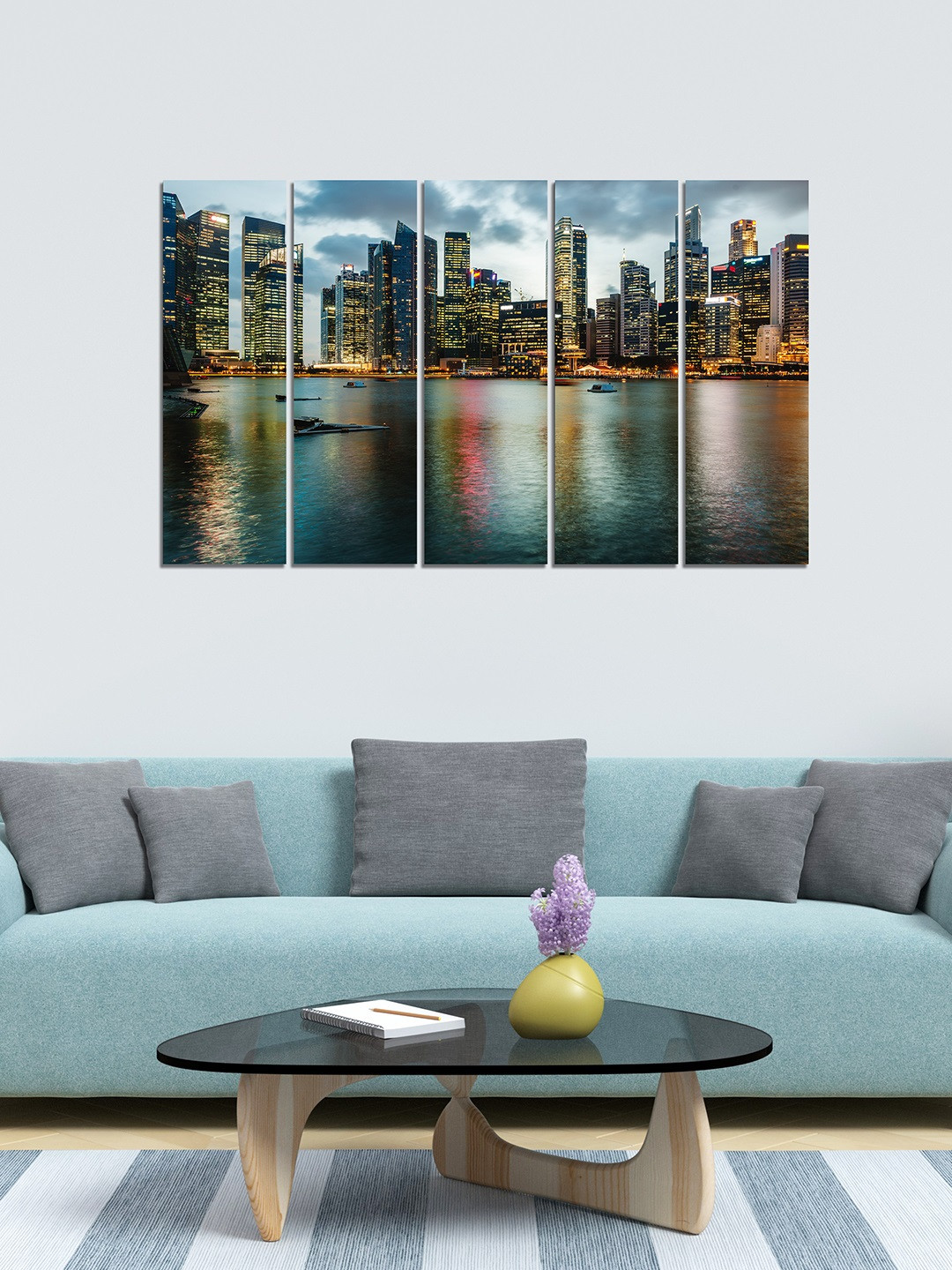 WENS Set of Blue & Black City Reflection In Wate Velvet Laminated  Panelled Wall Paintings
