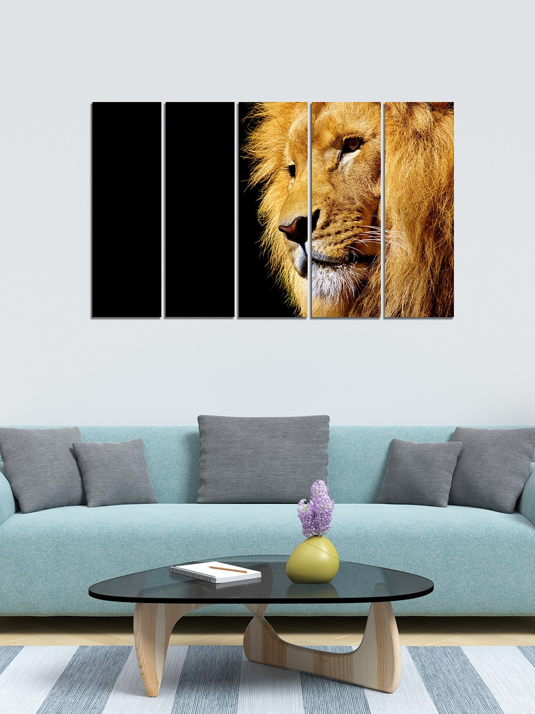 WENS Set of 5 Brown & Black The Lion King Velvet Laminated  Panelled Wall Paintings