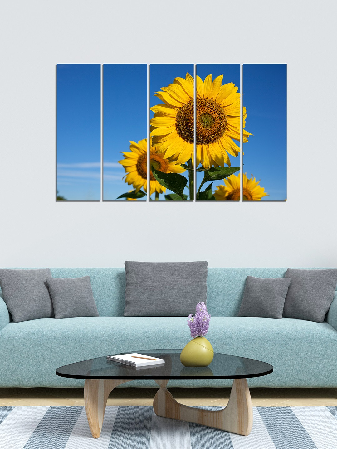 WENS Flower Blue 5 Pcs Wall Living Room Rectangle Potrait Paintings Wall Art -24 x 8In