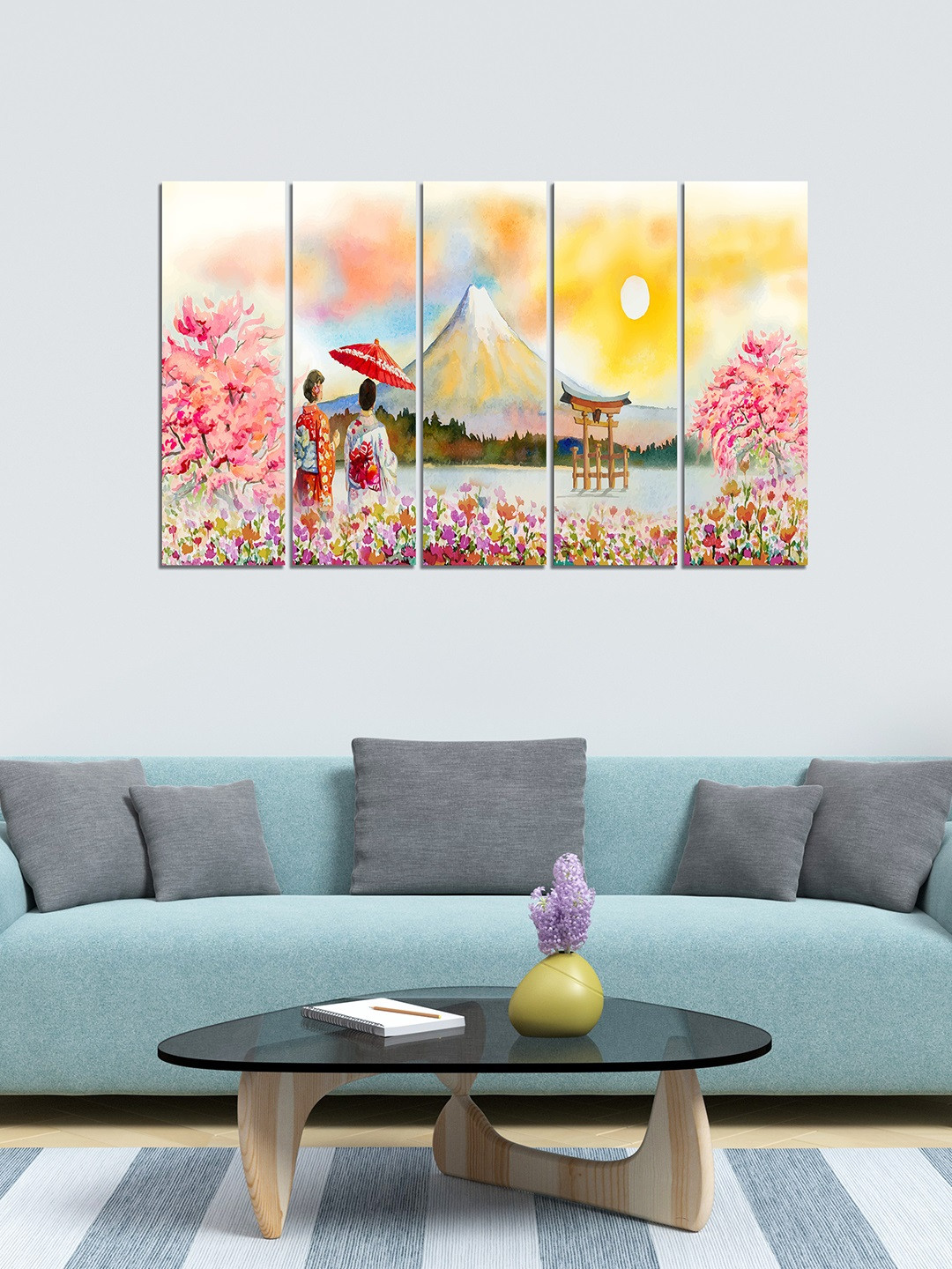WENS Mount Fuji 5 Piece Wall Rectangle Paintings Wall Art -24 x 8 In