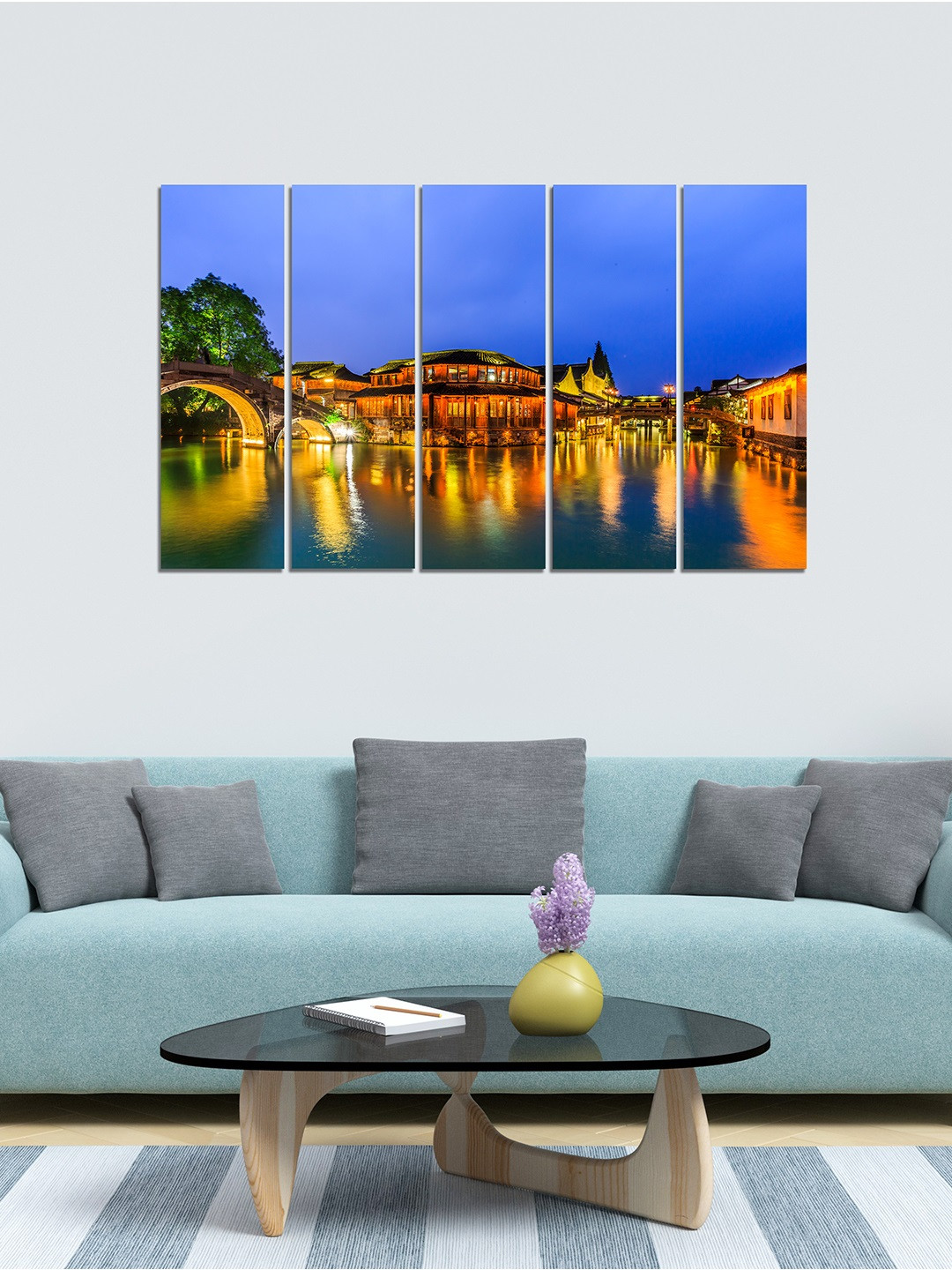 WENS Set of 5 Blue & Orange Reflection Of Water Velvet Laminated Panelled Wall Paintings