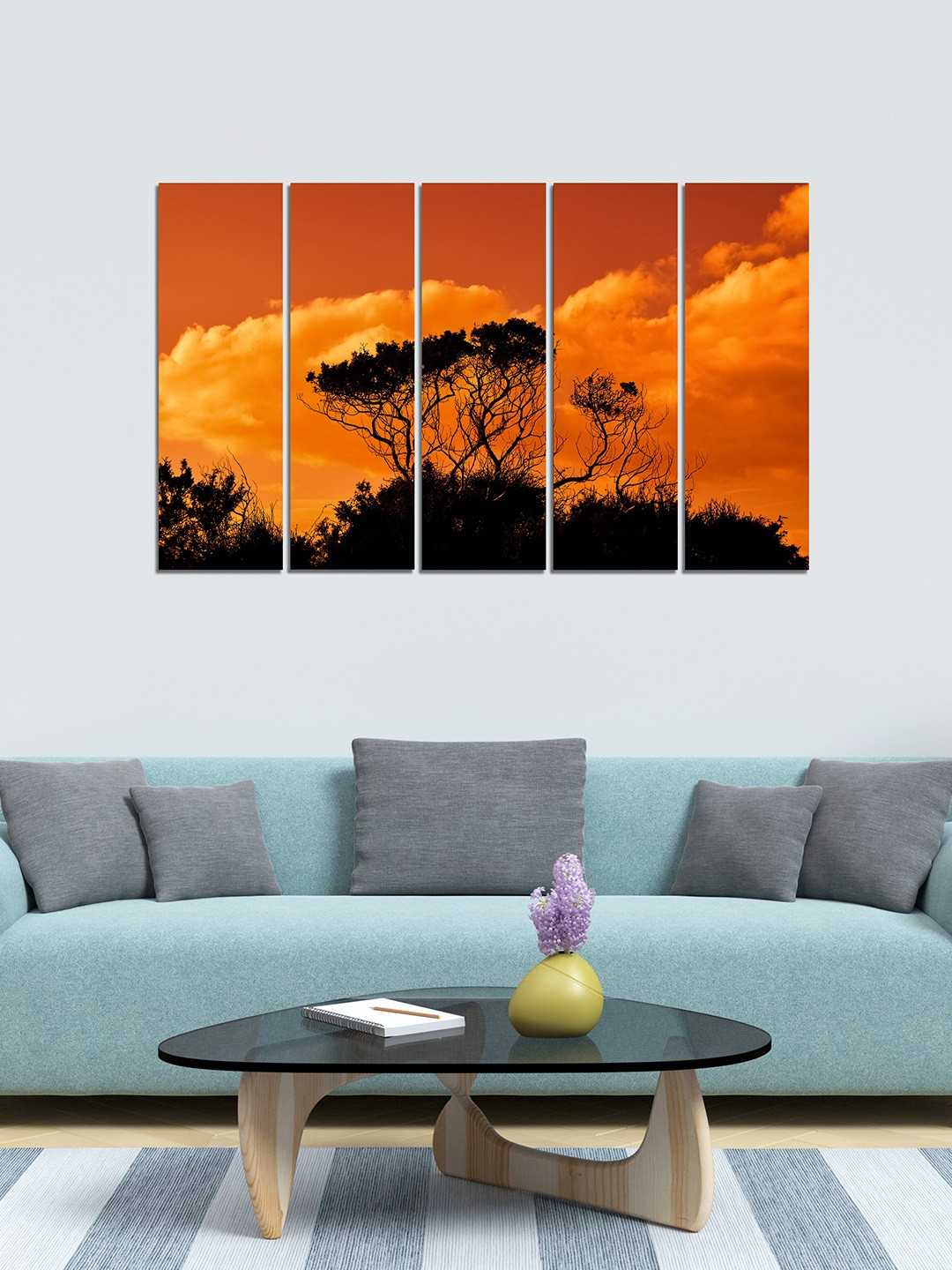 WENS Set of 5 Orange & Black Nature's Love Velvet Laminated Panelled Wall Painting