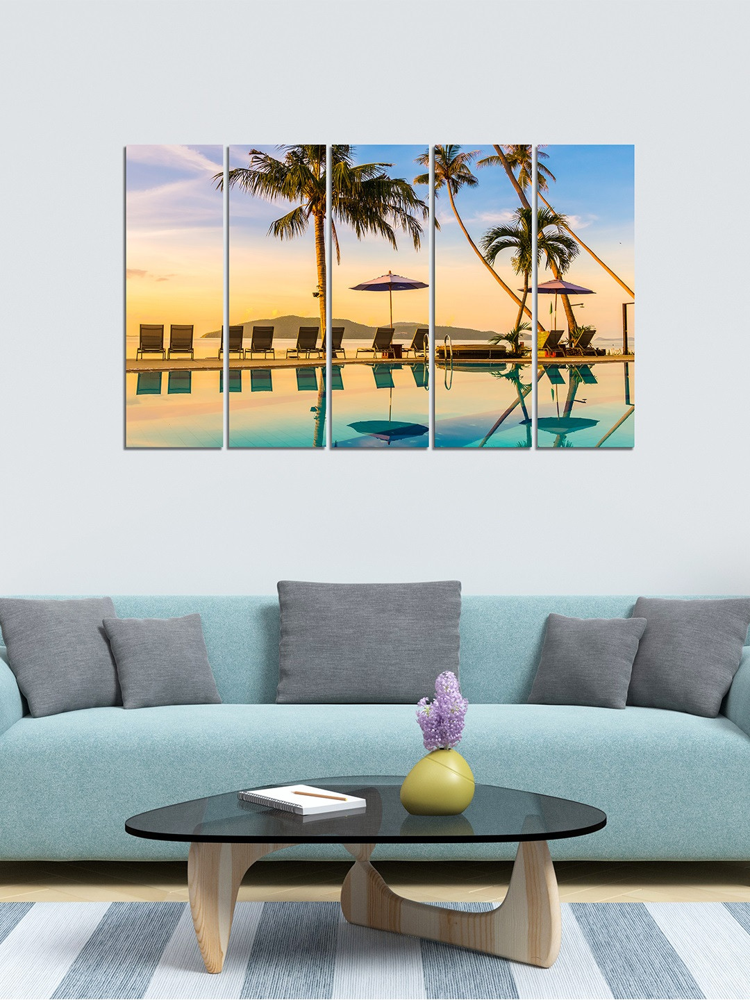 WENS Peach-Coloured & Blue 5 Panelled Beach View Velvet Laminated Wall Painting
