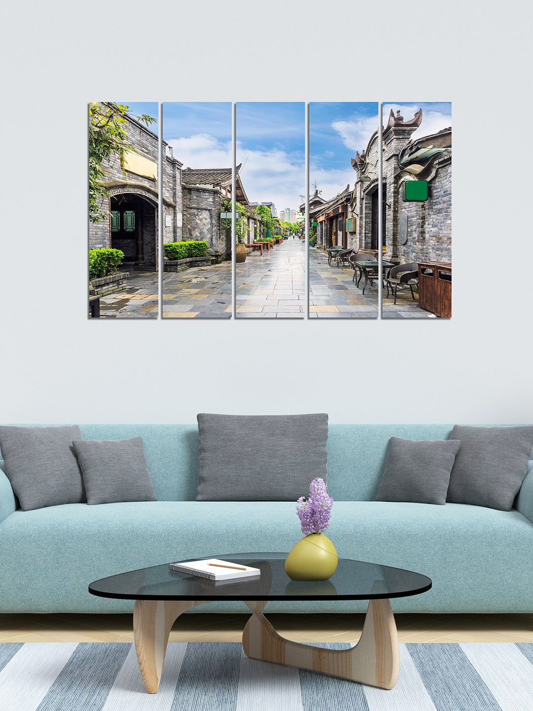 WENS Grey & Blue 5 Panelled Beautiful City Velvet Laminated Wall Painting