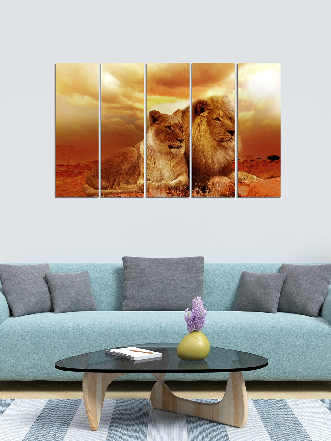 WENS Set of 5 Orange & Brown Lion With Cub Velvet Laminated Panelled Wall Paintings