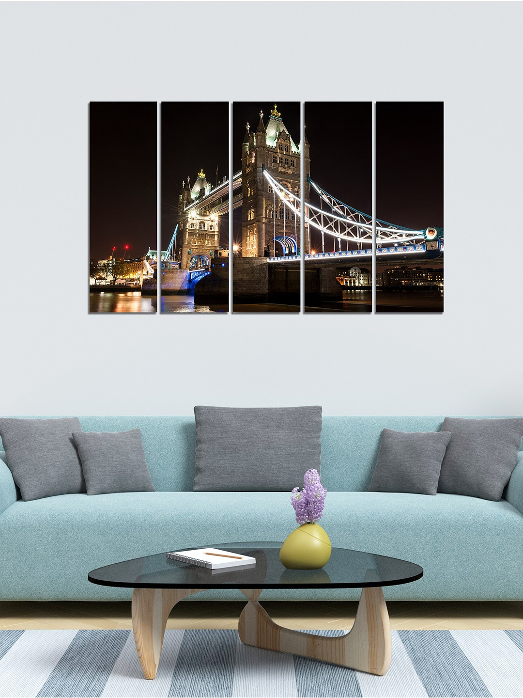 WENS Set of 5 Black & Brown Tower Bridge Velvet Laminated Panelled Wall Paintings