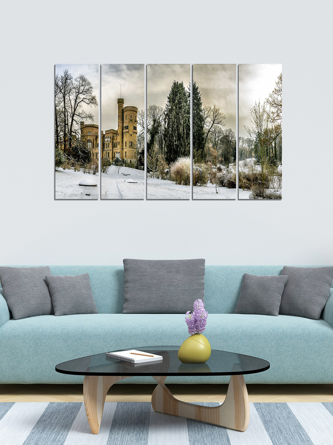 WENS Green & Brown 5 Panelled Snow City Velvet Laminated Wall Painting