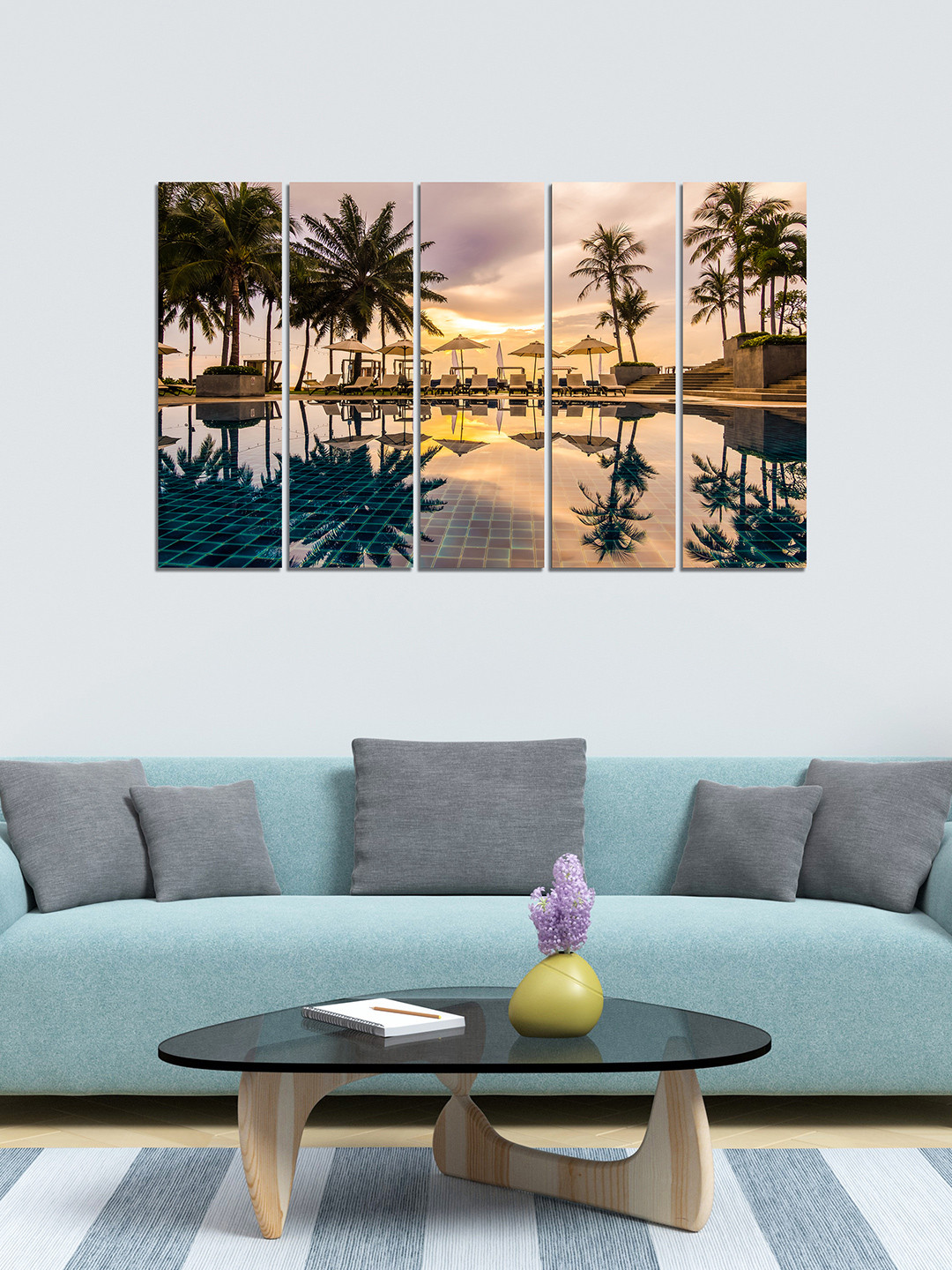 WENS Grey & Yellow 5 Panelled Wonders Of Nature Velvet Laminated Wall Painting