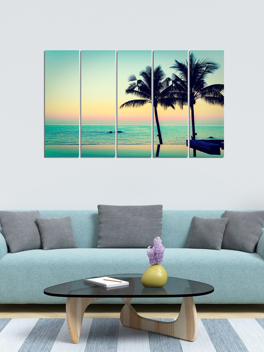 WENS Sea Green & Black 5 Panelled Calm Beach Velvet Laminated Wall Painting