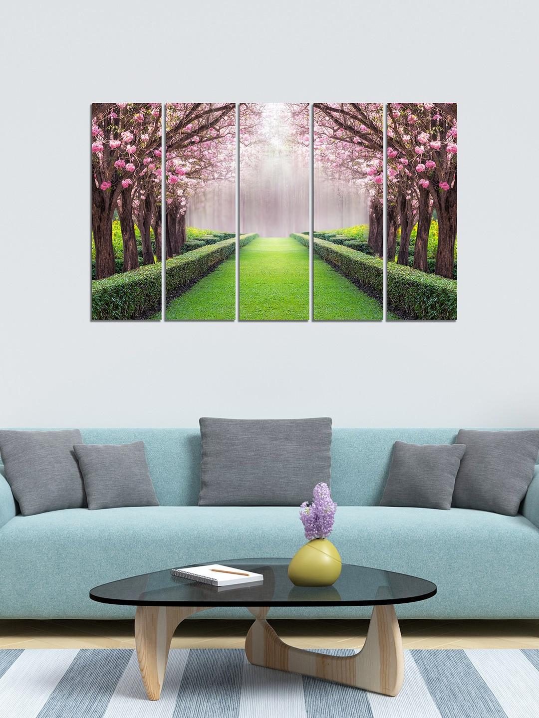 WENS Set of 5 Pink & Green Nature's Beauty Velvet Laminated Panelled Paintings