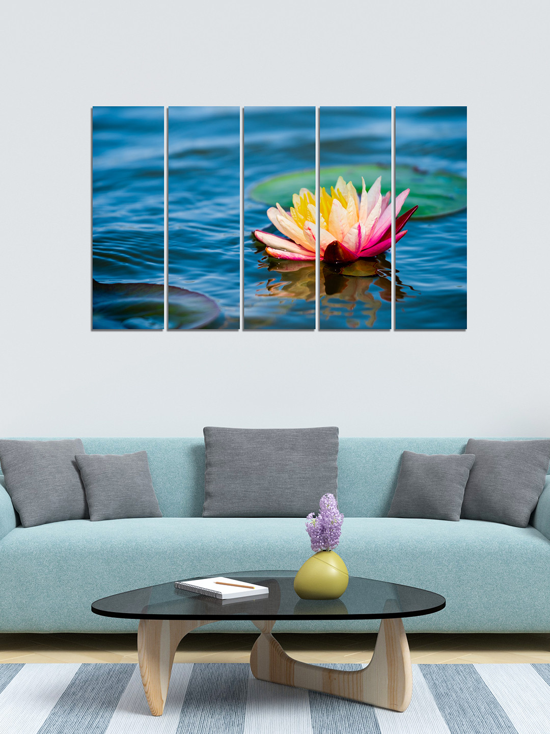 WENS Set of 5 Blue & Pink Water Lily Velvet Laminated Panelled Paintings