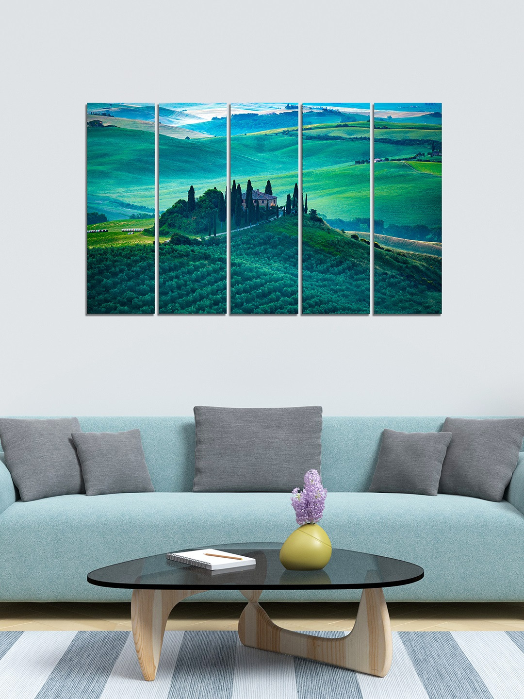 WENS Set of 5 Green & Blue Beautiful Nature Velvet Laminated Panelled Paintings
