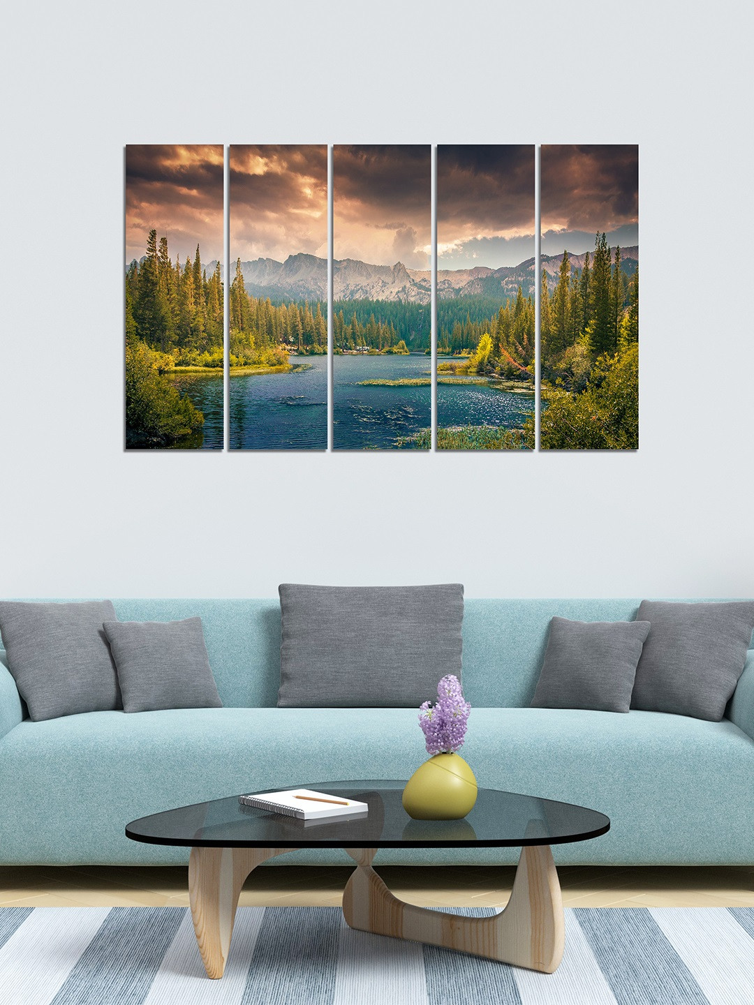 WENS Set of 5 Green & Blue Nature's Beauty Velvet Laminated Panelled Paintings