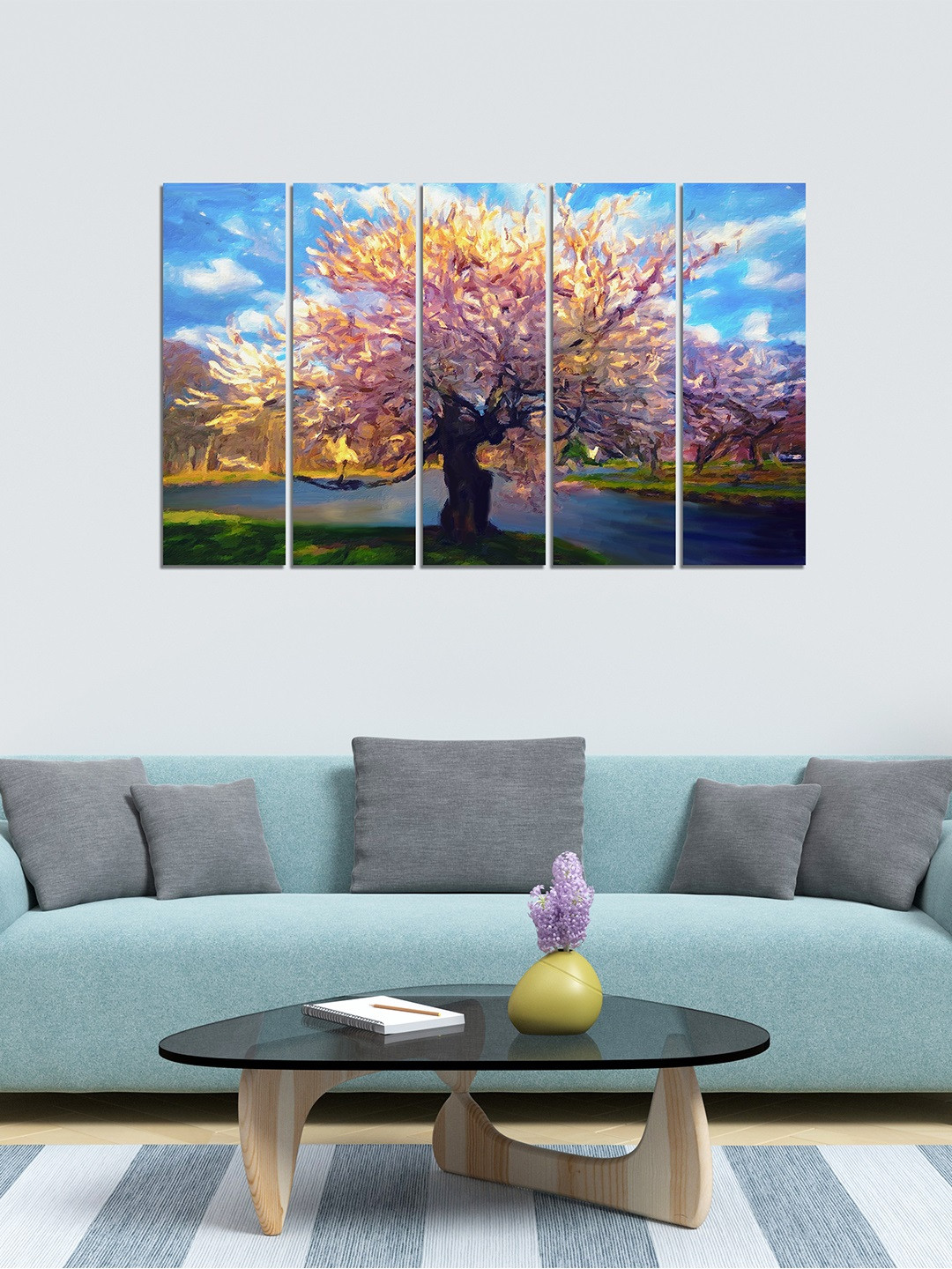 WENS Set of 5 Blue & Lavender Modern Tree Art Velvet Laminated Panelled Paintings