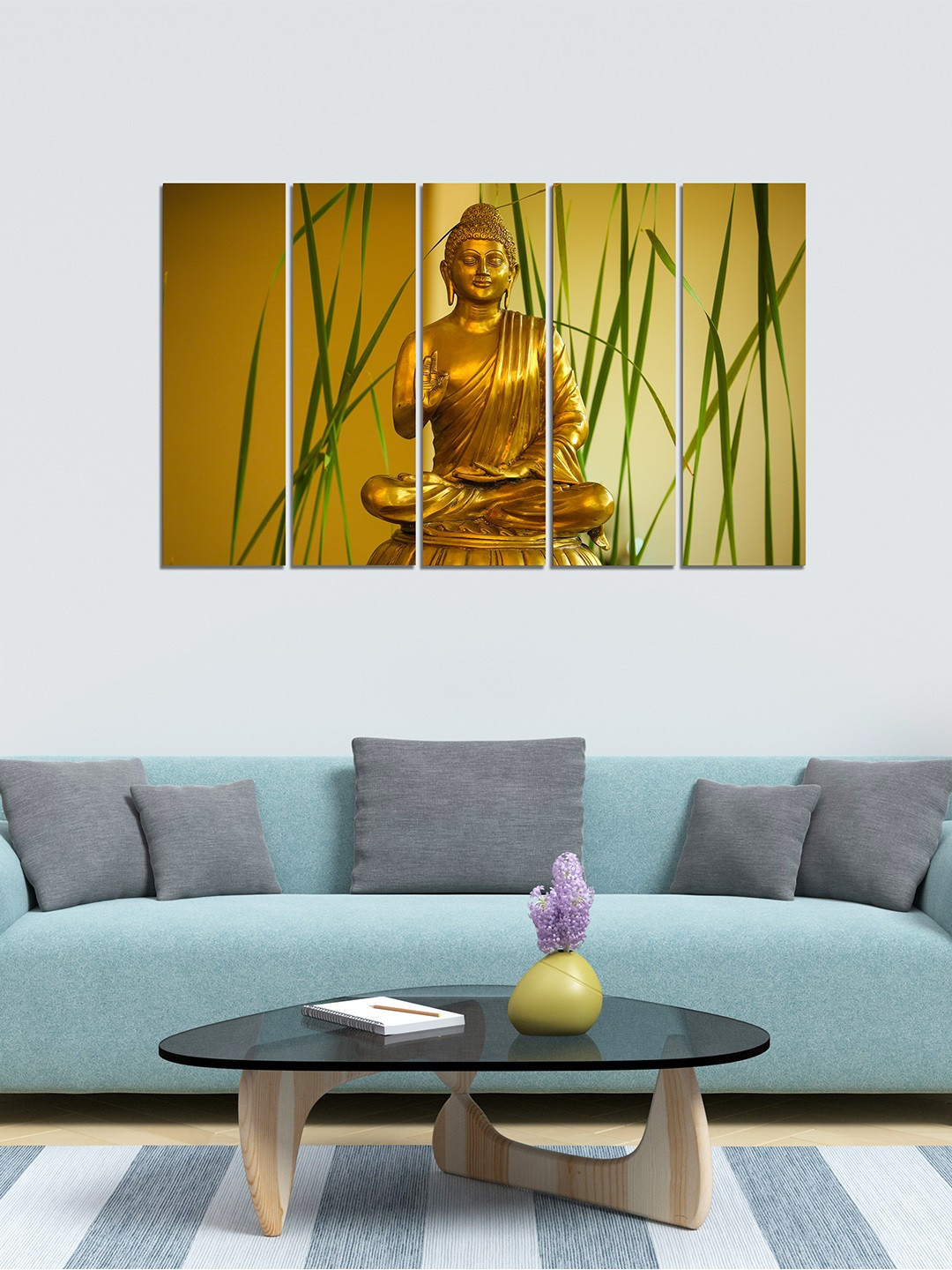 WENS Lord Buddha Gold MDF 5 Pcs Wall Living Room Rectangle Paintings Wall Art -24 x 8In